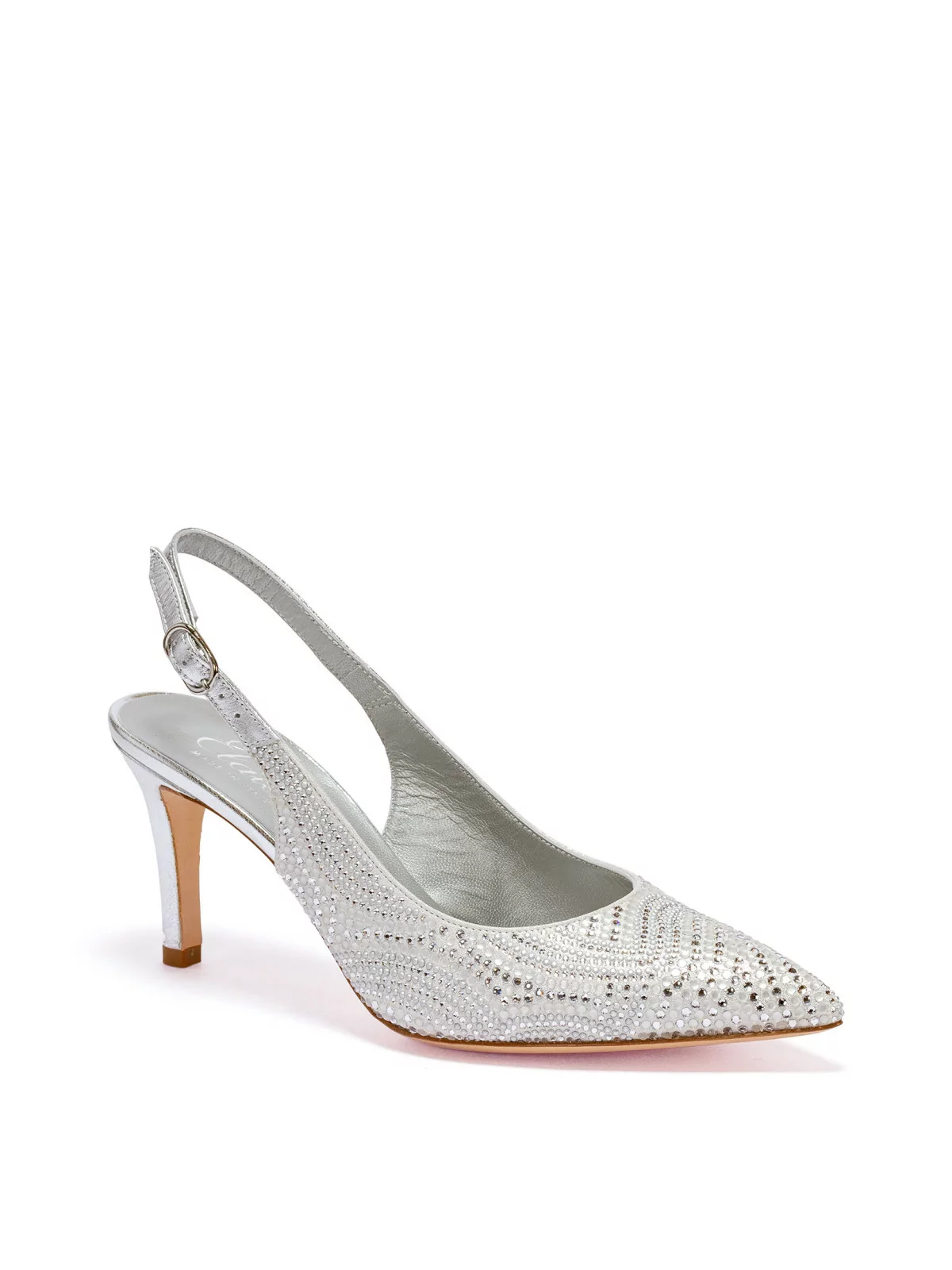 Silver laminate leather and suede slingback with rhinestones and microstuds deta