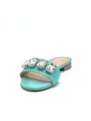 Aquamarine colour leather mule with crystal bezels. Leather lining, leather sole