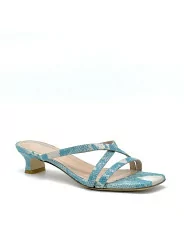 Light blue python style leather mule. Leather lining, leather sole. 3,5 cm heel.