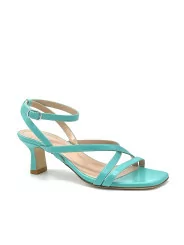Aquamarine colour leather sandal with ankle strap. Leather lining, leather sole.