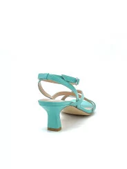 Aquamarine colour leather sandal with ankle strap. Leather lining, leather sole.