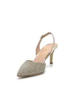 Gold laminate leather and fabric slingback. Leather lining, leather sole. 7,5 cm