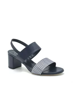 Blue leather and black/blue checkered fabric sandal. Leather lining, leather sol