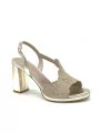 Gold laminate leather and beige suede sandal with floreal micro studs detail. Le