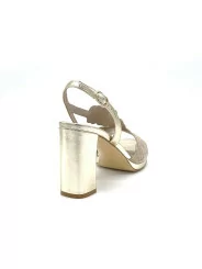 Gold laminate leather and beige suede sandal with floreal micro studs detail. Le