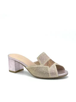 Pink laminate suede mule with rhinestones and microstuds detail. Leather lining,