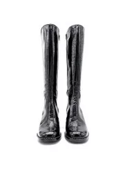 Black patent leather  with creased effect boot. Leather lining, rubber sole. 6 c