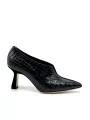 Black suede and printed leather bootie. Leather lining, leather sole. 7,5 cm hee