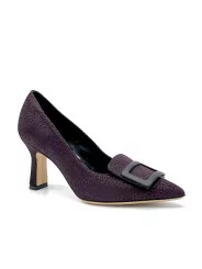 Plum printed suede pump with black “buckle” accessory. Leather lining, leath