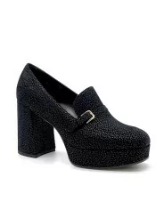 Black printed suede moccasin with platform. Leather lining, leather and rubber s