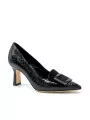 Black printed leather and suede pump with black “buckle” accessory. Leather 