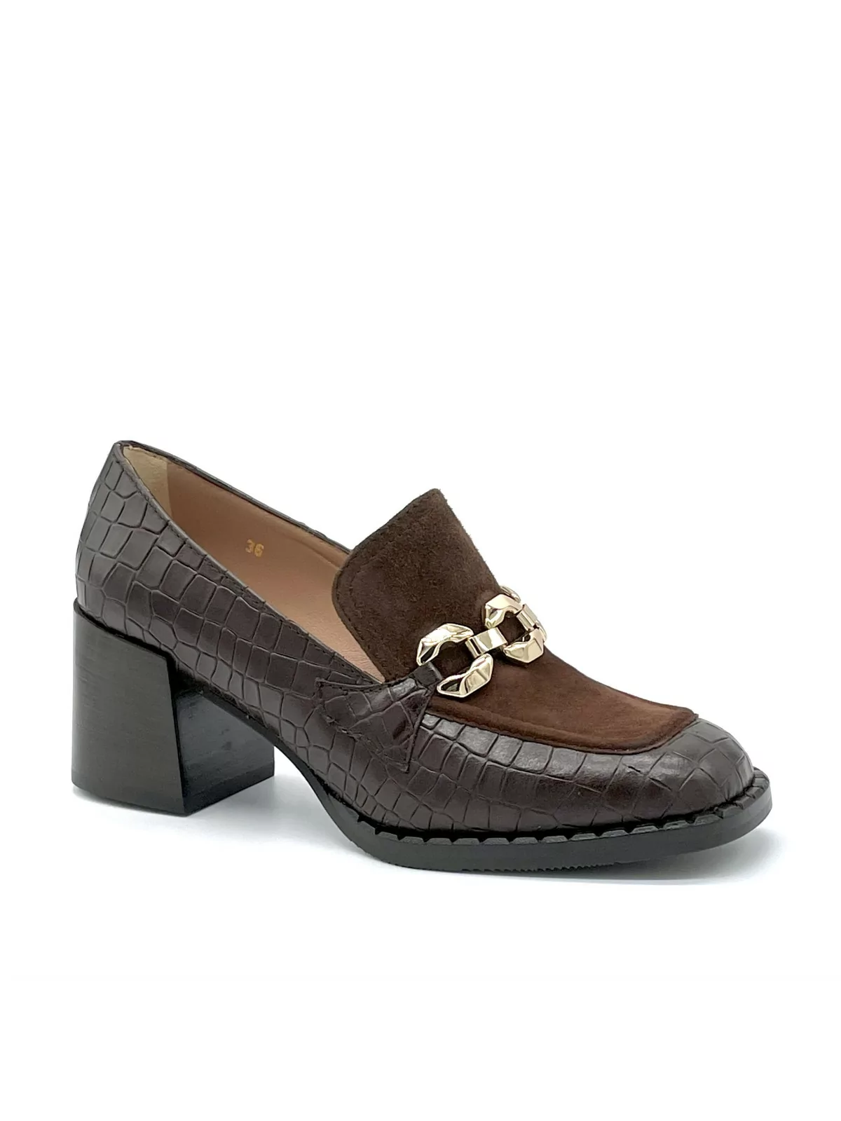 Brown printed leather and suede moccasin with metal buckle. Leather lining, rubb