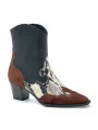 Brown suede, black leather and beige/black printed leather camperos boot. Leathe