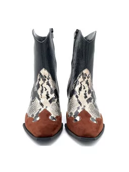 Brown suede, black leather and beige/black printed leather camperos boot. Leathe