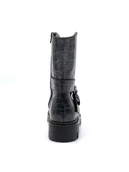 Black printed leather boot with cross strap. Leather lining, rubber sole. 4 cm h