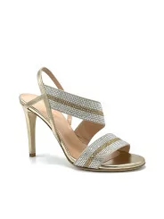 Gold laminate leather sandal with rhinestones. Leather lining, leather sole. 9,5