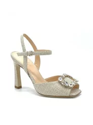 Gold laminate fabric sandal with jewel “buckle” accessory. Leather lining, l