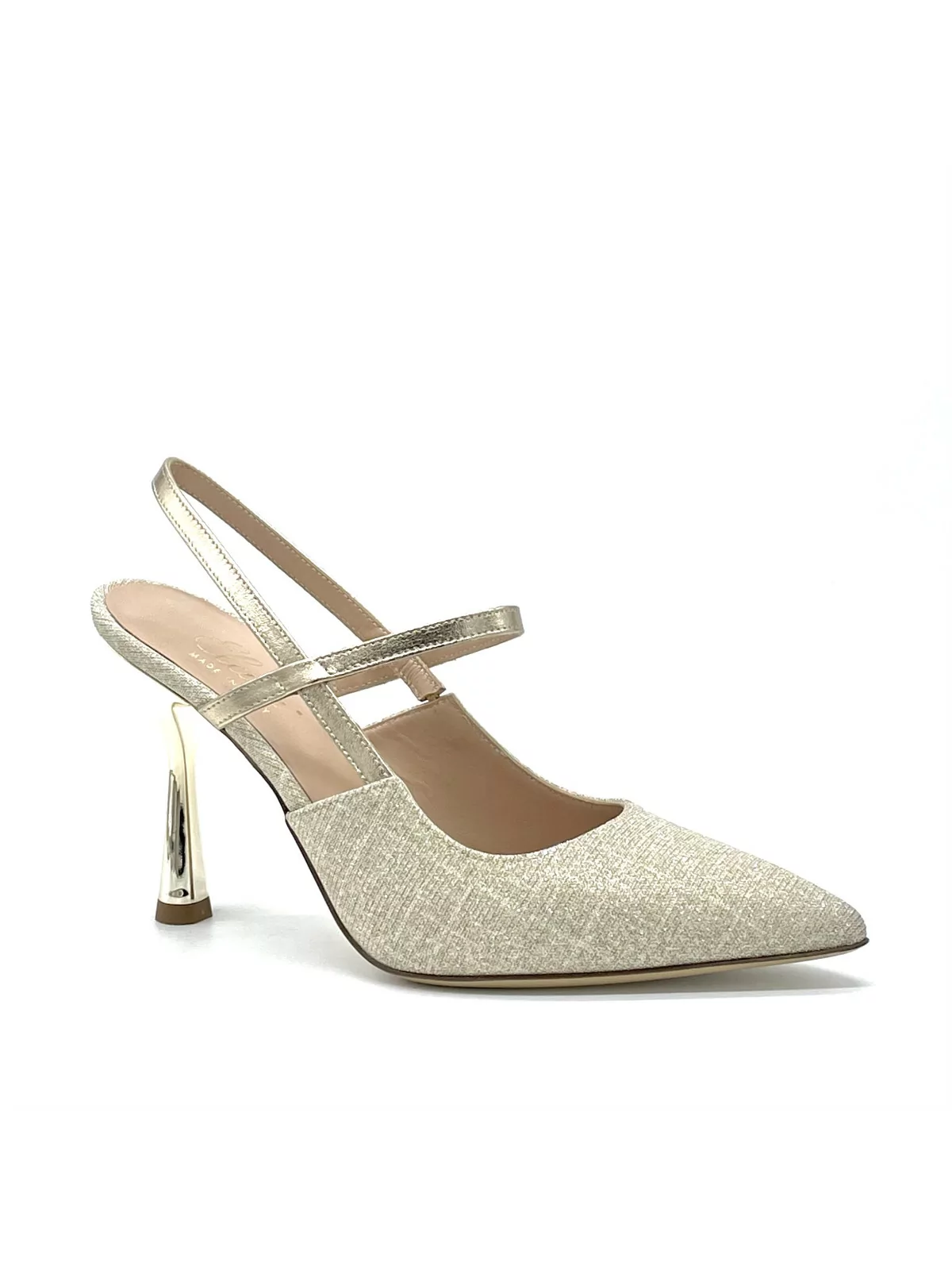 Gold laminate fabric and leather slingback with gold enamelled heel. Leather lin