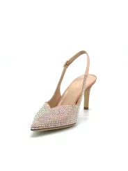 Old rose silk slingback with rhinestones. Leather lining, leather sole. 7,5 cm h