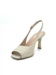 Gold laminate fabric sandal. Leather lining. Leather sole. 7,5 cm heel.