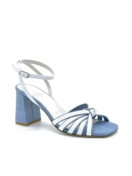 Blue jeans fabric and white leather sandal with knotted bands. Leather lining. L