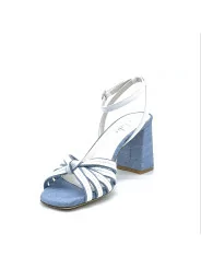Blue jeans fabric and white leather sandal with knotted bands. Leather lining. L