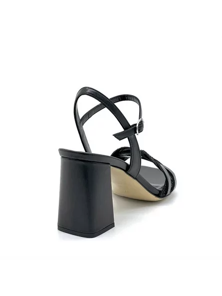 Black leather and glittery fabric sandal with intertwined band. Leather lining. 