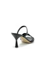 Black patent leather mule with intertwined band and enameled heel. Leather linin