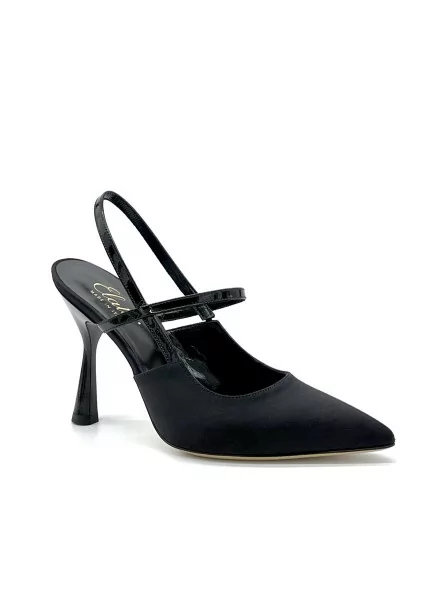 100% black silk and patent leather slingback with black enameled heel. Leather l