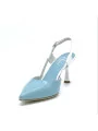 Light blue and white leather slingback with white enameled heel. Leather lining,
