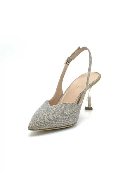Gold laminate fabric slingback with gold metallic heel. Leather lining, leather 