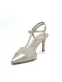 Beige pearly fabric and leather slingback with a T-strap. Leather lining. Leathe