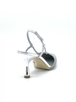 Silver fabric and leather slingback with silver chain and metallic heel. Leather