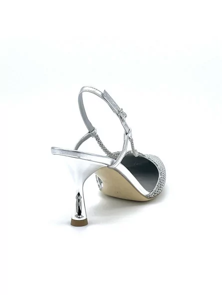 Silver fabric and leather slingback with silver chain and metallic heel. Leather
