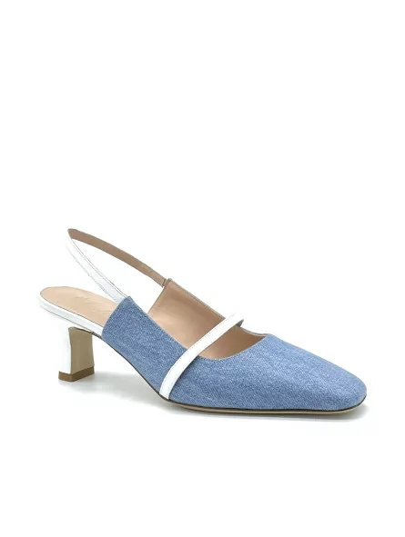 Blue jeans fabric and white leather slingback. Leather lining. Leather sole. 5,5