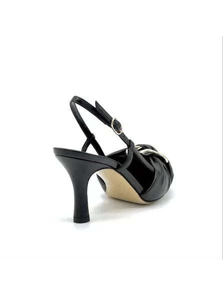 Black leather slingback with intertwined band and gold accessory. Leather lining