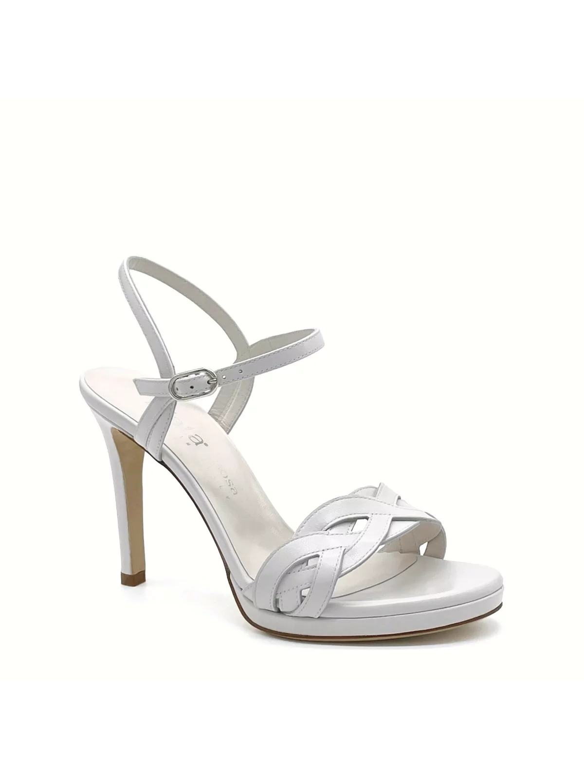 White leather sandal with intertwined band. Leather lining. Leather sole. 10 cm 
