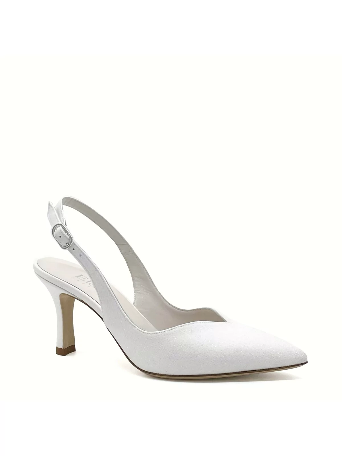 White laminate fabric slingback with a sweetheart collar. Leather lining. Leathe