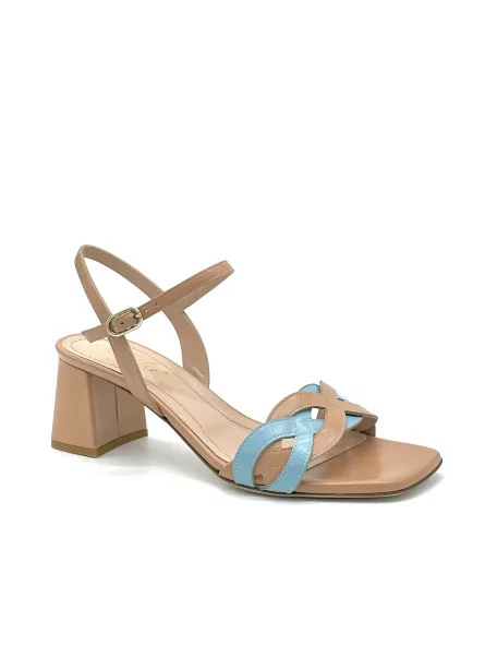 Tan and light blue leather sandal with intertwined band. Leather lining. Leather