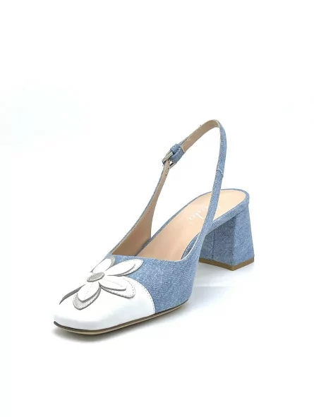 White leather and blue jeans fabric slingback with “flower” detail. Leather 