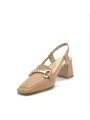 Tan leather slingback with gold clamp accessory. Leather lining. Leather sole. 5