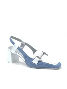 White leather and blue jeans fabric slingback with silver clamp accessory. Leath
