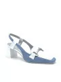White leather and blue jeans fabric slingback with silver clamp accessory. Leath