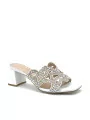 White leather and nude colour suede mule with rhinestones detail. Leather lining