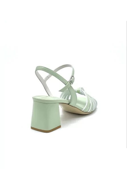 Green and white leather sandal with knotted bands. Leather lining. Leather sole.