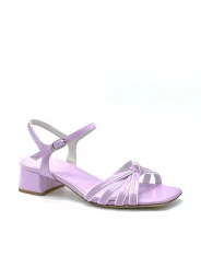 Lavender and white leather sandal with knotted bands. Leather lining. Leather so