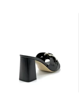 Black leather mule with golden accessory. Leather lining. Leather sole. 7,5 cm h