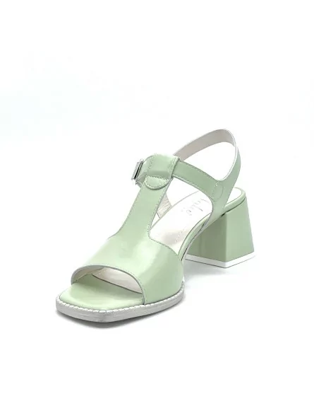 Green leather sandal with a T- strap. Leather lining. Leather sole. 5,5 cm heel.