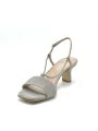 Laminate fabric sandal with silver chain. Leather lining. Leather sole. 5,5 cm h
