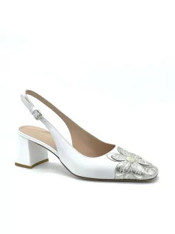 White leather and white/gold printed leather slingback with “flower” detail.